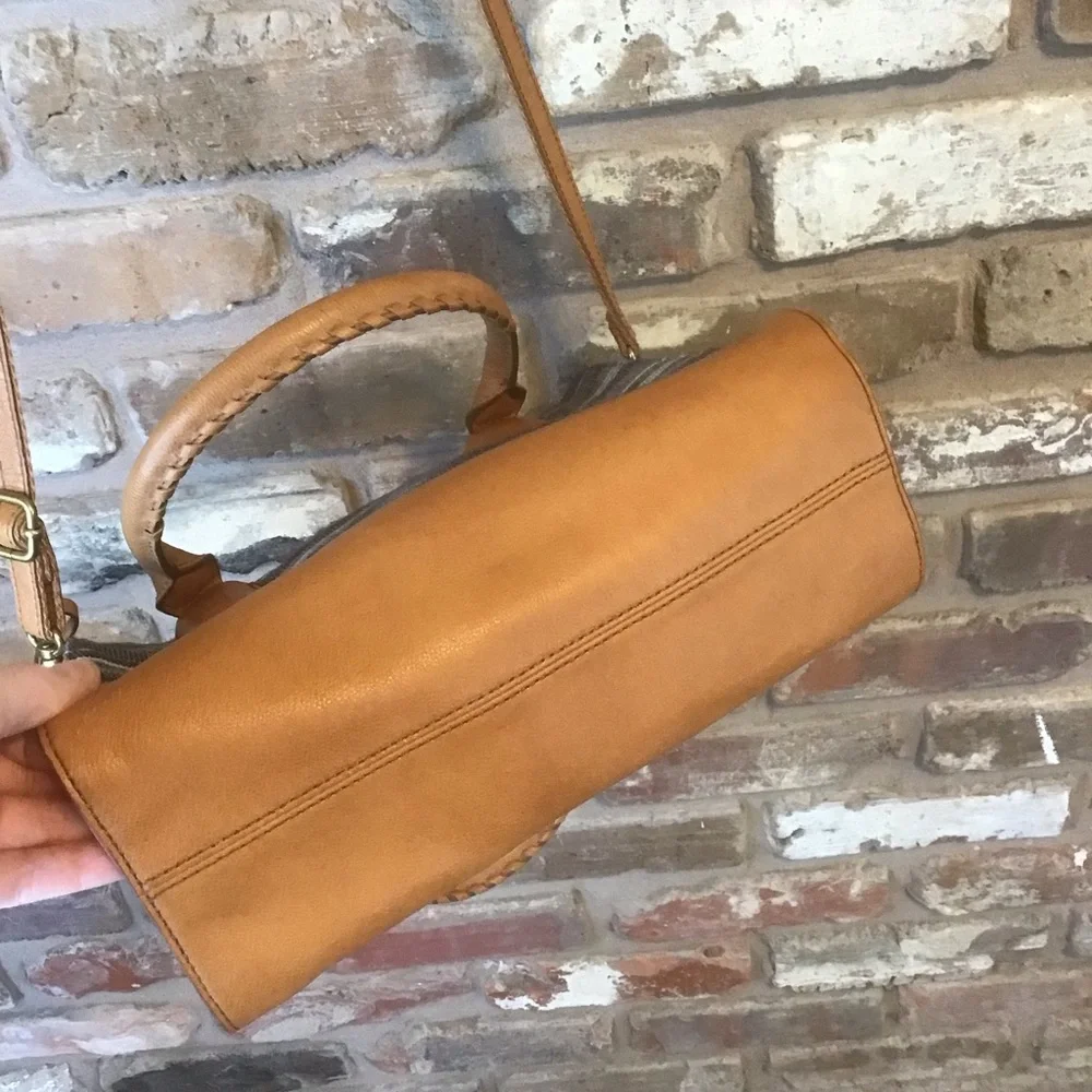 FOSSIL Black Ecru Stripe Textile Cognac Leather Trim Satchel Shoulder Bag